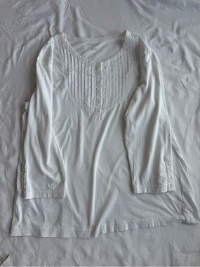 Van Heusen Women's White 100% Cotton Pintuck Henley Blouse 3/4 Sleeve Sz L